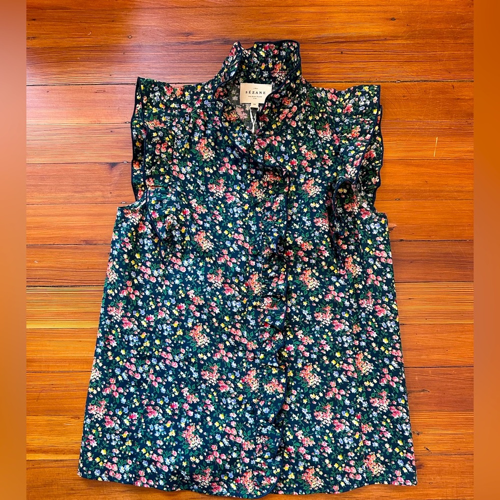 Sezane Dark Green Sleeveless Floral Ruffle-Trim Blouse